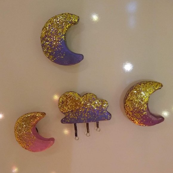 Four Handmade Glitter Clay Moon & Cloud Magnets - Picture 4 of 7